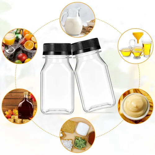 Vista 3 de Gerrii 75 botellas de plástico para jugo de 4 onzas con tapa, pequeñas botellas transparentes reutilizables con tapas, recipientes a granel, aptas