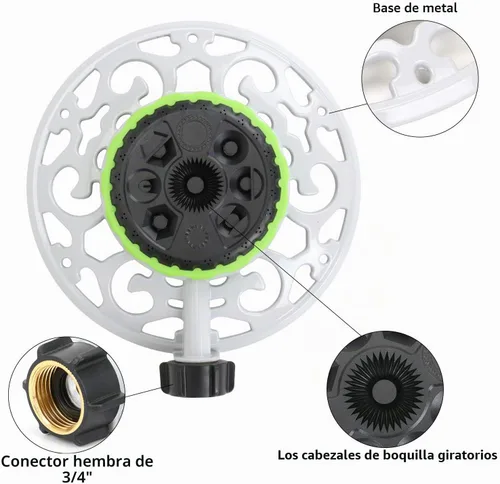 Vista 3 de STYDDI Aspersor de torreta de 8 patrones, aspersor de agua estacionario de 8 patrones en base decorativa de metal para riego de patios pequeños