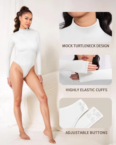 Vista 4 de MANGOPOP Mock Turtleneck Long Sleeve Bodysuit Thong Shapewear Tummy Control Ribbed Seamless