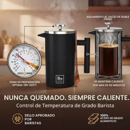 Vista 4 de Barista Warrior - Cafetera de prensa francesa, prensa francesa aislada de acero inoxidable de doble pared con termómetro integrado, cafetera de Negro