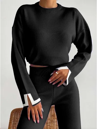 Vista 6 de MaLinfandor Conjunto de 2 piezas de suéter de punto para mujer, sudadera de manga larga, pantalones elásticos de pierna ancha, conjunto de ropa