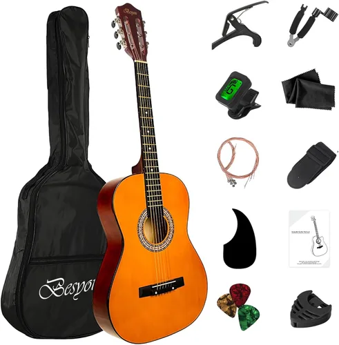 Vista 13 de Guitarra Acústica Negra para Principiantes de 30 pulgadas, Paquete de Inicio, Guitarra para Estudiantes/Niños con Funda, Correa, 2 Púas, Cuerdas