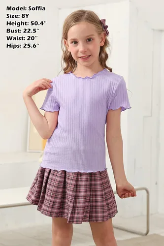 Vista 3 de GORLYA Paquete de 2 camisetas básicas lisas con ribete de lechuga para niñas, blusas casuales de punto acanalado para 4-14T
