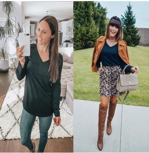 Vista 5 de Tobrief - Camiseta de manga larga con cuello en V para mujer, corte holgado, estilo informal, con bolsillo