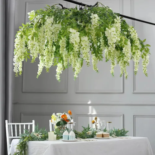 Vista 4 de Efavormart 140 cm Crema Artificial de Seda Glicinia Vid Colgante Dosel Redondo, Guirnalda de Flor Candelabro con Ramas Intercambiables
