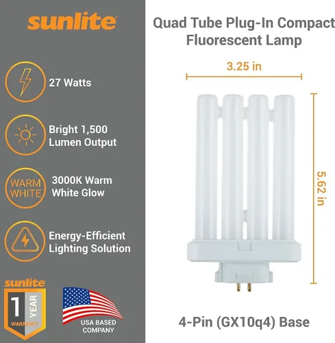 Vista 2 de Sunlite FML27/30K Foco fluorescente compacto enchufable de tubo cuádruple, FML de 4 pines, 27 vatios, 1500 lúmenes, 3000 K blanco cálido, base de 4