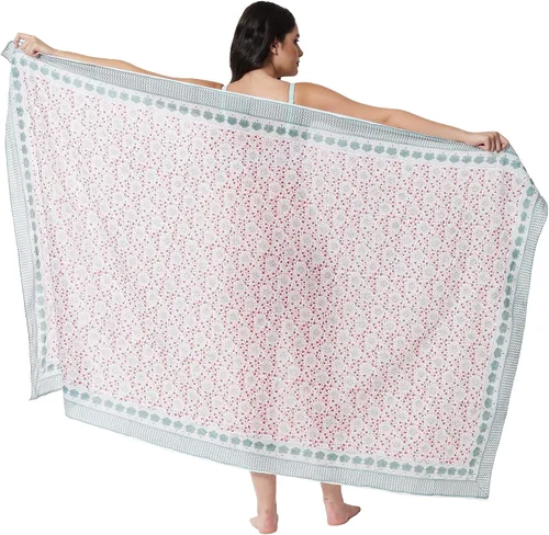 Vista 6 de parihan Pareo largo de playa con estampado de bloques de algodón para cubrir traje de baño para mujer