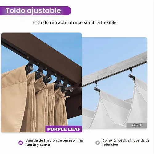Vista 3 de PURPLE LEAF Pérgola Retráctil para Exteriores de 10' x 13' de Aluminio con Toldo de Sombra Solar DIY Patio Moderno Resistente Refugio Marrón