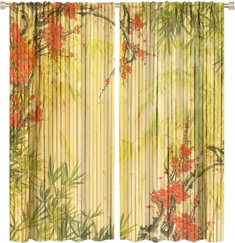 Vista 16 de Cortinas con estampado de bambú, tallos y hojas de bambú, temática oriental natural, oscurecimiento de habitación, ventana, ventana, cortina