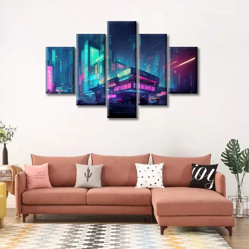 Vista 59 de Cuadros de 5 paneles de Cyberpunk City, arte de pared, representación de vallas publicitarias, edificios modernos en la capital con obras de arte