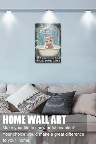 Vista 2 de Zomyto Letrero de metal divertido con diseño de gato "Wash Your Paws", decoración para bañera, regalo para amantes de los gatitos, accesorios
