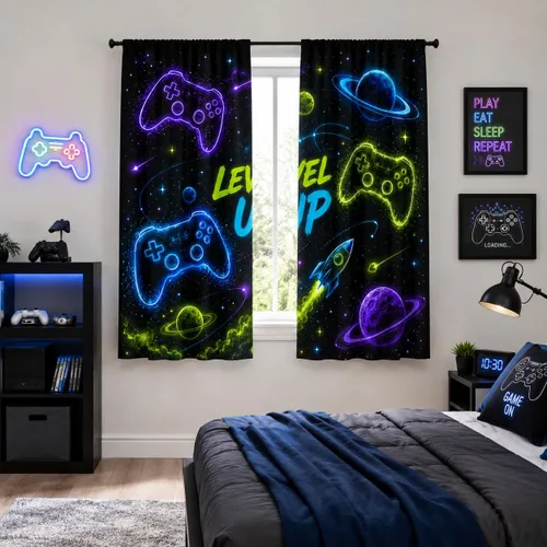 Vista 3 de Cortinas espaciales para ventana gamer con controlador de juego neón y diseño de planeta, cortinas decorativas para dormitorio, sala de juegos, sala