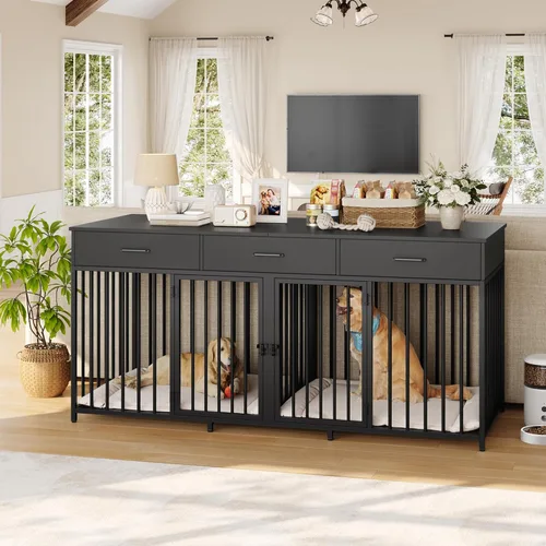 Vista 2 de HOSTACK - Jaula doble para perros, 71 pulgadas de ancho, muebles de interior para 2 perros, color negro 3 Drawers for Easy Storage, Heavy-Duty