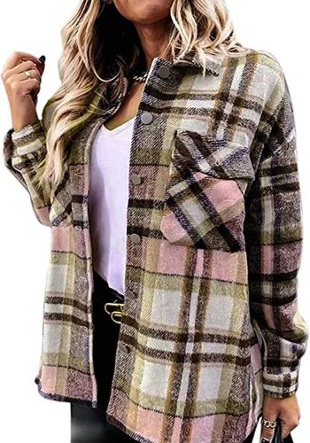 Vista 8 de Camisa de franela a cuadros para mujer, con botones, bolsillo a cuadros, casual, de manga larga Marrón