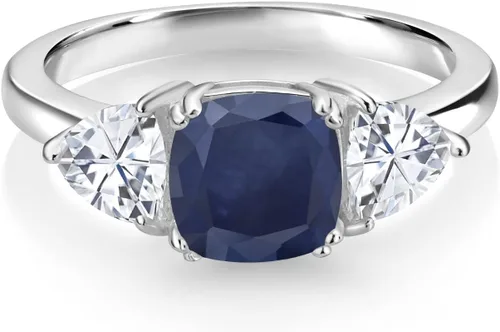 Vista 20 de 925 Sterling Silver Gemstone Birthstone and White Moissanite 3-Stone Engagement Ring for Women 7MM Cushion and 5MM Trillion Accents Three Stone