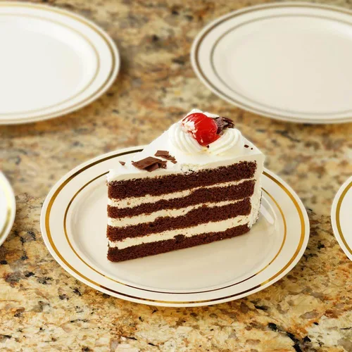 Vista 8 de Efavormart - Paquete de 50 platos redondos de postre de plástico Très Chic de 6 pulgadas con borde dorado