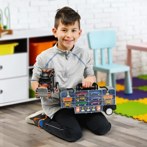 Vista 7 de Camión de Juguete Transportador de Autos - Incluye 6 Autos de Juguete y Accesorios, Cabe 28 Ranuras para Autos de Juguete - Gran Regalo para Niños
