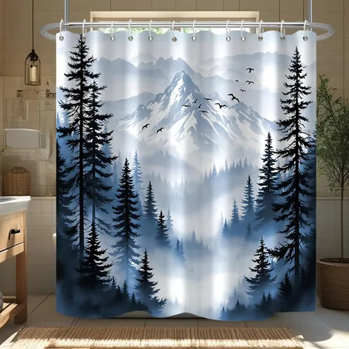 Vista 2 de Cortina de Ducha Azul Bosque de Pino Montaña Aves Paisaje Nebuloso Cortina de Ducha Impermeable de Tela para Decoración de Baño 60x72 Pulgadas