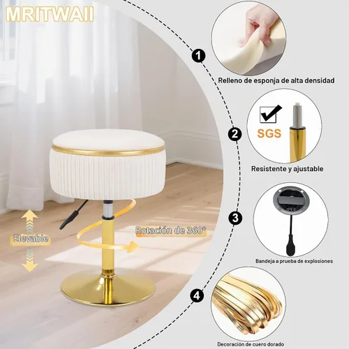 Vista 5 de Taburete de tocador ajustable con almacenamiento, silla taburete de maquillaje giratorio de 360°, otomana redonda pequeña de terciopelo con base
