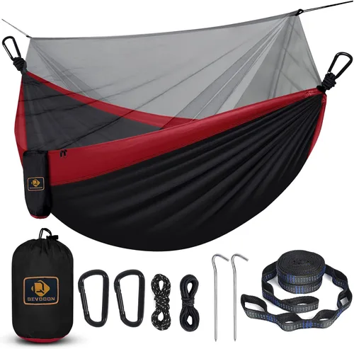 Vista 19 de Qevooon Hamaca de camping con red, hamacas ligeras portátiles de viaje con correas para árboles y mosquetones sólidos en forma de D, hamaca de Negro