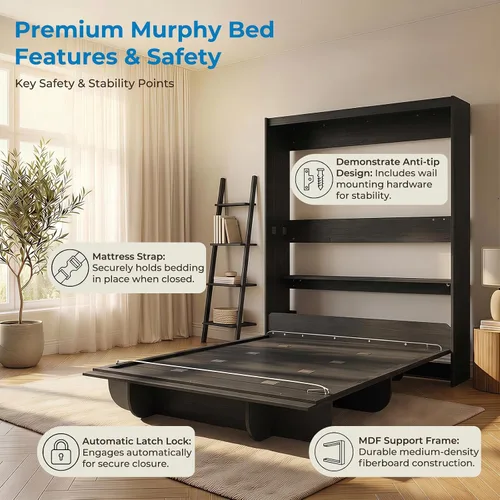 Vista 7 de Mjkone Cama Murphy de pared tamaño Queen con estante de almacenamiento Negro
