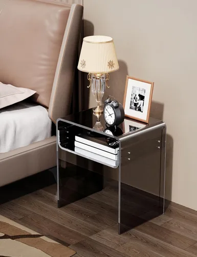 Vista 2 de Mesa auxiliar de acrílico transparente de 2 niveles Mesa de noche para sala de estar, dormitorio, decoración del hogar (Negro)