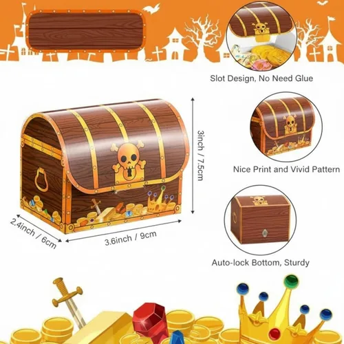 Vista 2 de Chinco Cofre de tesoros de cartón, cofre del tesoro pirata, caja de regalos para Halloween, juego de pirata, fiesta temática de piratas