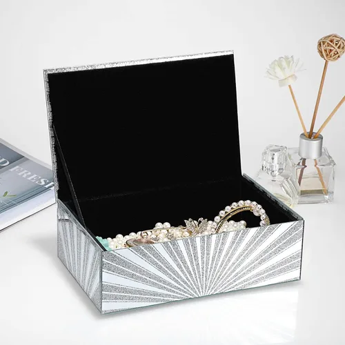 Vista 6 de Hipiwe Joyero de espejo con patrón de sol de diamante triturado, caja grande de cristal para baratijas, caja decorativa plateada, caja de recuerdos