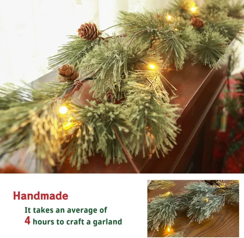 Vista 5 de Guirnalda de Navidad rústica de 6.4 pies con luz, preiluminada para exteriores con agujas de pino y piñas para chimenea, puerta, porche, repisa