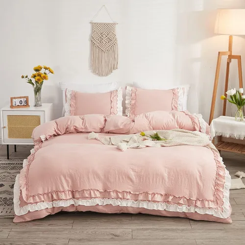 Vista 10 de Shabby Chic - Juego de ropa de cama de 2 piezas, juego de funda de edredón vintage con volantes de 2 capas, juego de microfibra cepillada suave