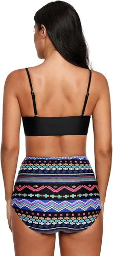 Vista 3 de Conjunto de bikini de mujer floral de cintura alta vintage Strappy Push Up traje de baño