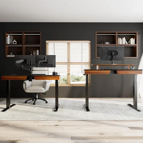 Vista 2 de EUREKA ERGONOMIC Escritorio eléctrico ajustable de cuero, escritorio ejecutivo de pie de 55 pulgadas de altura con cajones, estación de trabajo