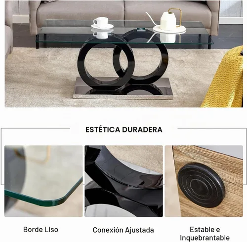 Vista 4 de Mesa de centro de cristal para sala de estar, mesa moderna de vidrio templado y patas de MDF, pequeña mesa de centro moderna (negro, estilo 1)