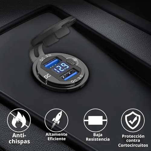 Vista 2 de [Carcasa de metal] Salida USB de 12 V Dual QC 3.0: Qidoe Enchufe de aluminio de 12 voltios para motocicleta con interruptor de botón voltímetro LED