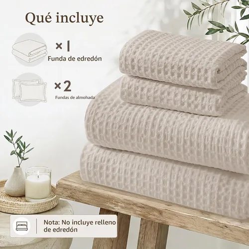 Vista 6 de JOLLYVOGUE Juego de funda de edredón de ondas de gofre, tamaño matrimonial Beige (sin edredón)