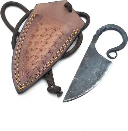 Vista 6 de ANCILLA Cuchillo de ciervo de campamento hecho a mano para caza de damasco, hoja fija de espiga completa, mini cuchillo de cuello de vaquero de Mini