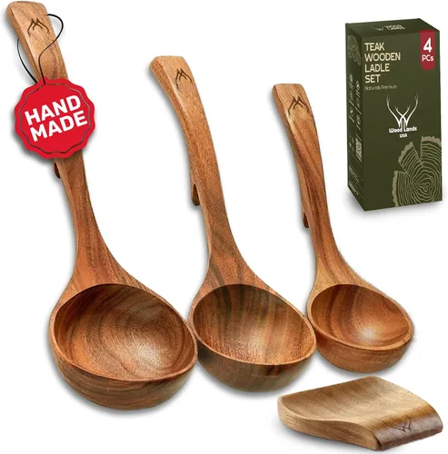 Vista 9 de Prime - Juego de cucharón de madera de teca con soporte para cuchara, cucharón de sopa grande y profundo con mango de gancho para cocinar, servir