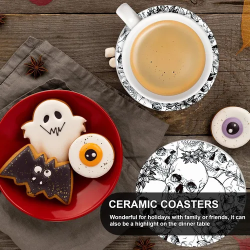 Vista 4 de Whaline 6 posavasos de cerámica de Halloween con soporte de hierro, diseño floral de calavera, tapete absorbente para taza, taza, hogar, cocina