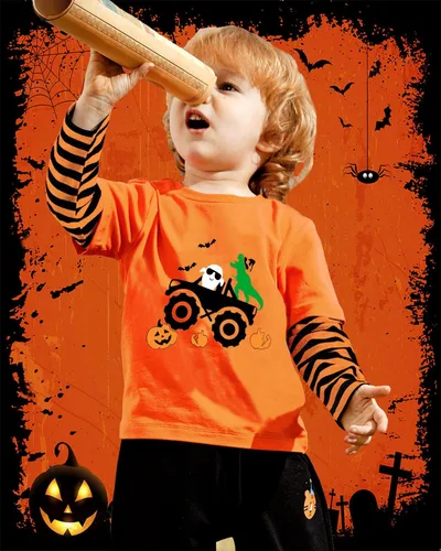 Vista 2 de CM-Kid Camisa de Halloween para niños pequeños y niñas, diseño de calabaza, esqueleto, fantasma, dinosaurio, rayas, camisetas de manga larga