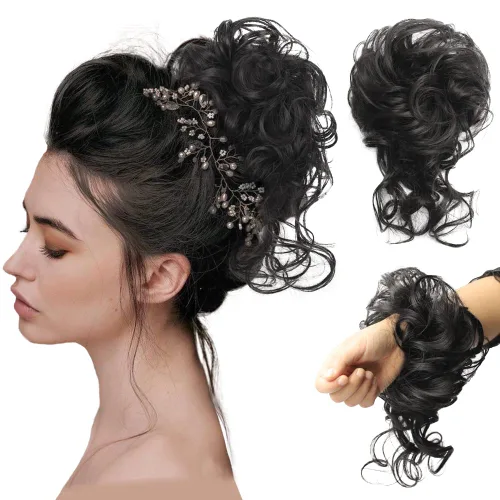 Vista 6 de 2 piezas de Extensiones de Cabello Estilo Moño Despeinado, QIAORUIXIN Extensiones de Cabello Superlargas Estilo Moño Alborotado, Envoltura Ondulada