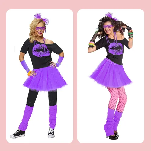 Vista 4 de Disfraz mejorado de los años 80 para mujer, conjunto de accesorios de disfraz de fiesta de los años 80 con camiseta, falda tutú, cintura, etc