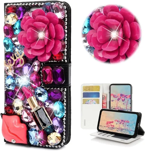 Vista 39 de Bling - Funda tipo cartera para teléfono compatible con Samsung Galaxy Z Fold 3 5G, elegante, hecha a mano en 3D con cristales y mariposas