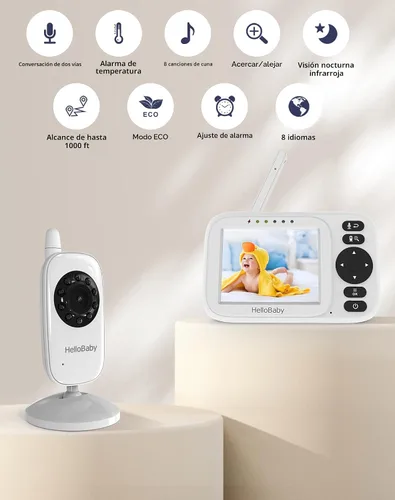 Vista 2 de HelloBaby Monitor sin WiFi Video Baby Monitor con cámara y audio - Pantalla de 3.2 pulgadas, conversación de 2 vías, visión nocturna, 8 canciones