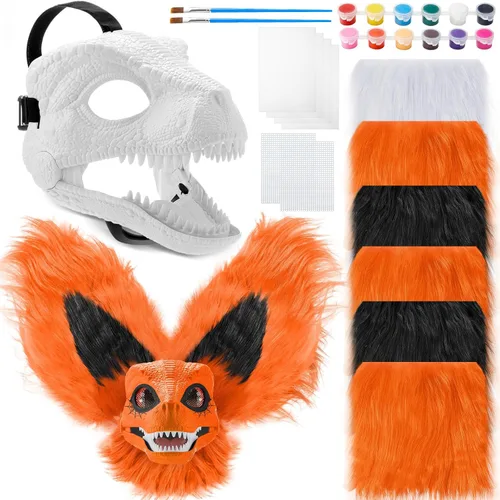 Vista 8 de Seenelling Kit de 13 piezas de máscara de dinosaurio DIY, máscara de dinosaurio de plástico duro, kit de disfraz de dinosaurio peludo Therian