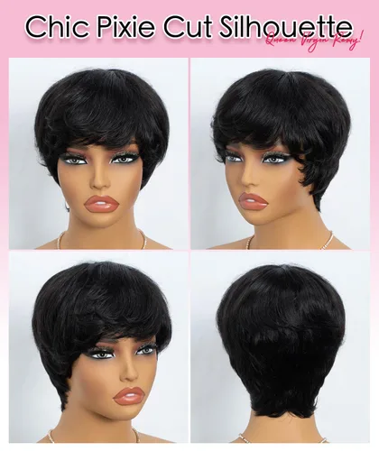 Vista 5 de QUEEN VIRGIN REMY QVR - Peluca de cabello humano con corte Pixie con flequillo, pelucas cortas para mujeres negras, cabello humano de diferentes