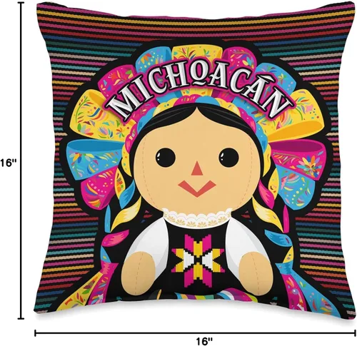 Vista 4 de Mi Querido México Michoacán Monita Muneca Maria de Trapo Mexicana - Cojín de 15.7 x 15.7 in, multicolor
