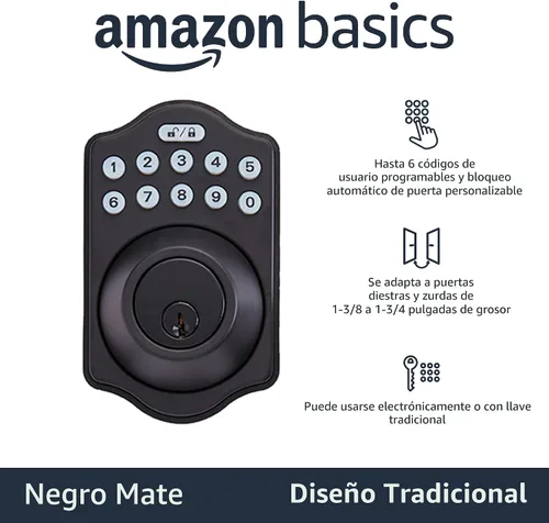 Vista 2 de AmazonBasics-Cerrojo de teclado electrónico tradicional - Entrada con llave - Negro mate