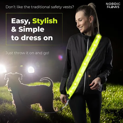 Vista 2 de Chaleco de seguridad con luces LED recargables NordicFlows – Banda reflectante e iluminada para paseos nocturnos, correr y pasear al perro