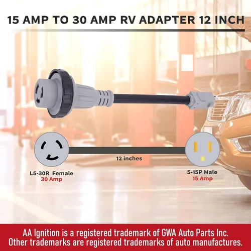Vista 3 de AA Ignition Adaptador RV de 15 amperios a 30 amperios de 12 pulgadas, macho 5-15P a hembra L5-30R, enchufe convertidor eléctrico Dogbone de 125