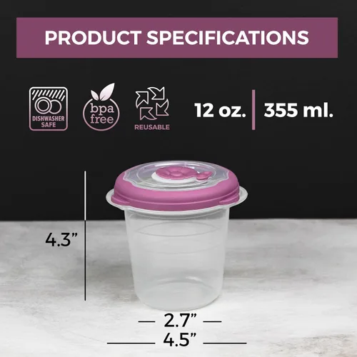 Vista 4 de Recipientes de plástico para sopa de 12 oz con tapas reutilizables, aptos para congelador, herméticos, recipientes de almacenamiento de alimentos
